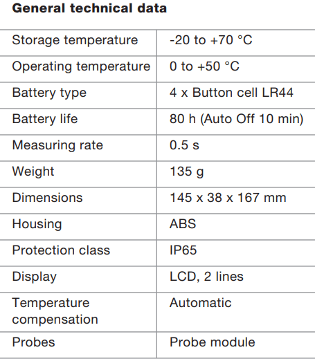 مشخصات فنی حرارت سنج و PH متر دیجیتال تستو مدل TESTO 205 