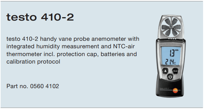 مشخصات فنی بادسنج  پره ای ارزان با اندازه گیری دما و رطوبت تستو TESTO 410-2